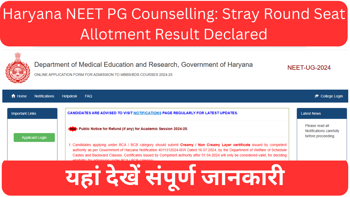 Haryana NEET PG 2024 Counselling: Stray Round Seat Allotment Result Declared